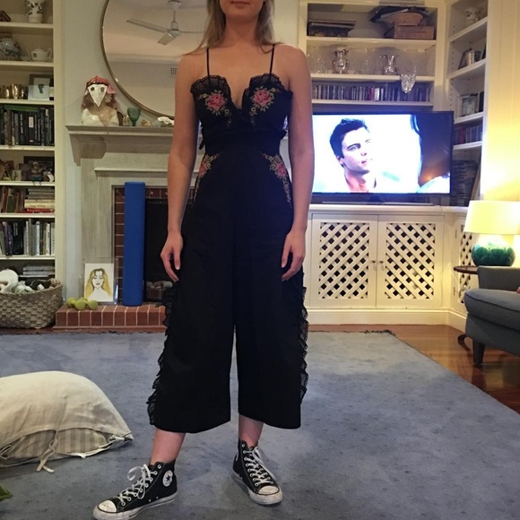 Alice Mccall At Last Embroidered Ruffle Jumpsuit Black Floral - Picture 11 of 11